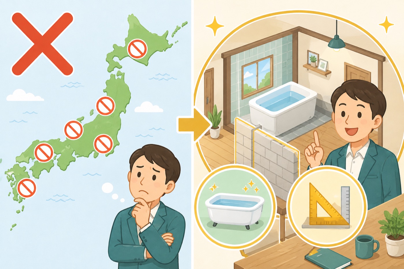 左は禁止エリアの地図という誤解、右は建物の構造基準という実際の壁を示す比較図