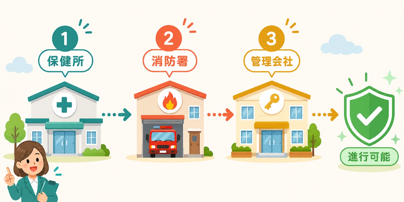保健所・消防署・管理会社への3ステップ確認フロー図